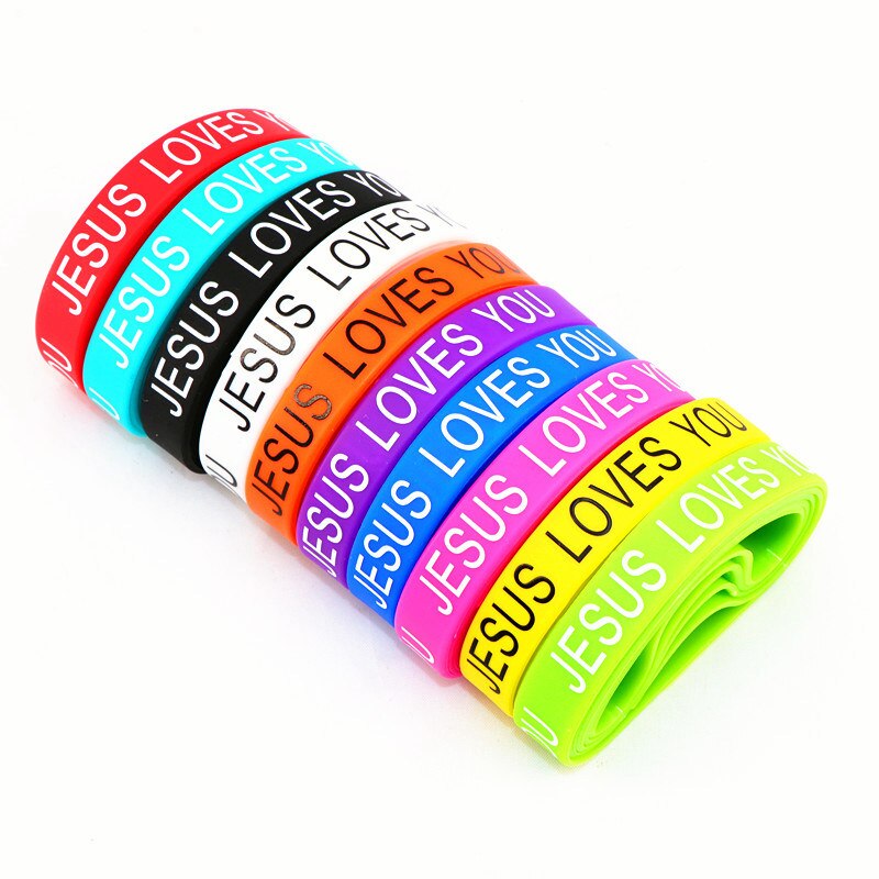 Mode 10 Stks/partijen Cross Jesus Schedel Vrede Goodluck Liefde Vlinder Bestfriend Siliconen Elastische Manchet Armband Voor Mannen Vrouwen: Jesus Love you style