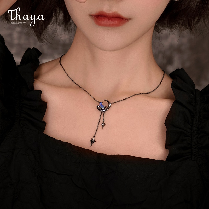 Thaya Vintage Maan Hanger Ketting Voor Vrouwen Maan Choker Blue Crystal Colar Collier Engagement Fine Jewelry