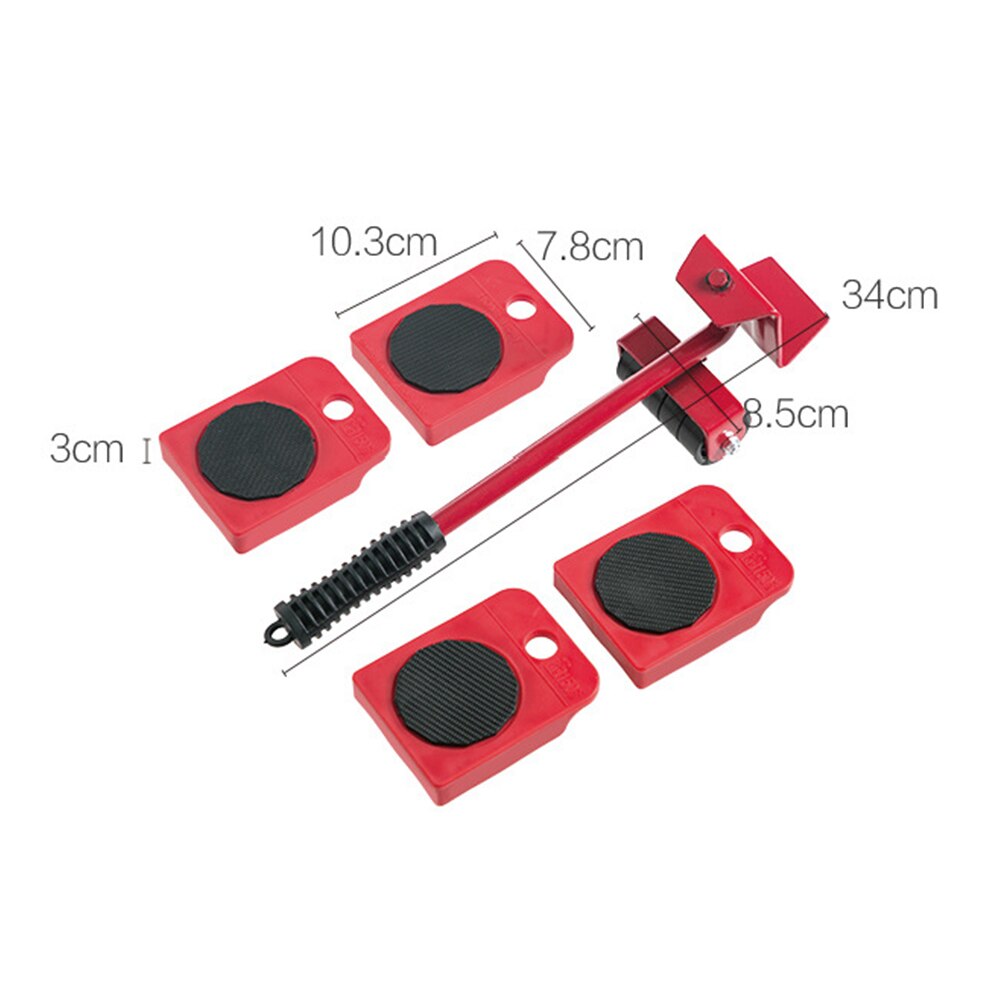 5pcs 360 Degree Furniture Mover Tools Transport Lifter Heavy Stuffs Moving 4 Wheeled Roller Universal Pulley with 1 Bar: Red