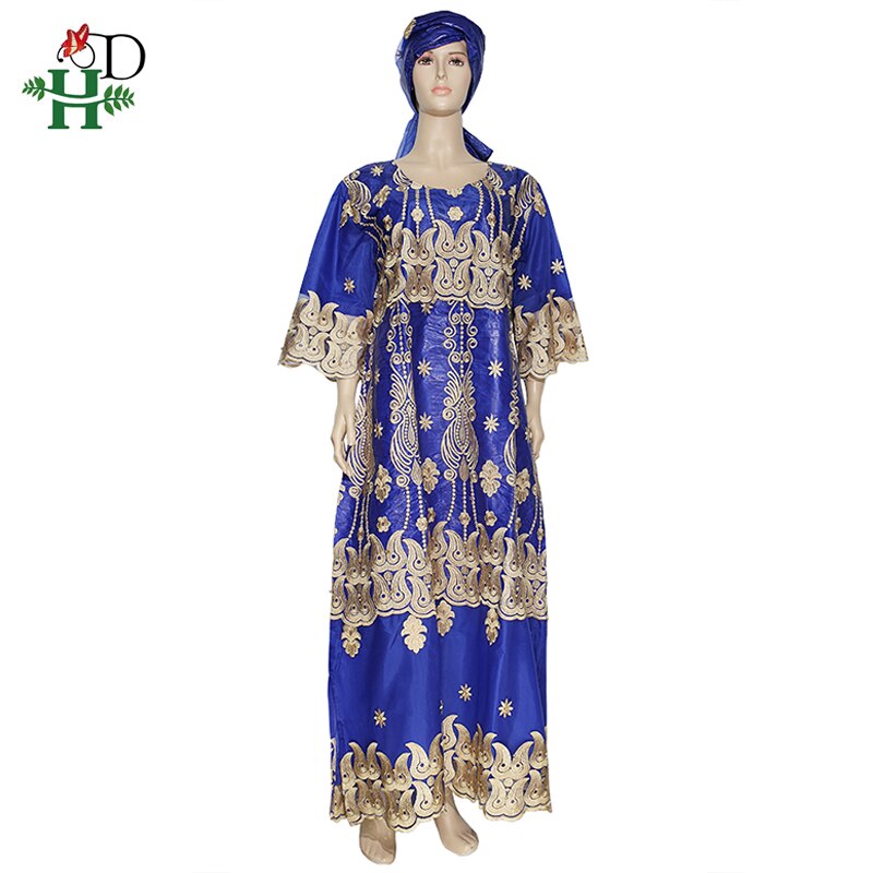 H & D-robe en dentelle d'afrique du sud, Riche Bazin, longue, brodée Dashiki avec couvre-chef, vêtements de fête nigérians africains, collection: Bleu / XXL