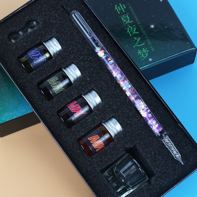 7/13pcs Glass Dip Pen And Blue Ink Sets Box Sequin Series Signature Pencil Handicraft Dip Pens Glass Pencils: Dream Purple