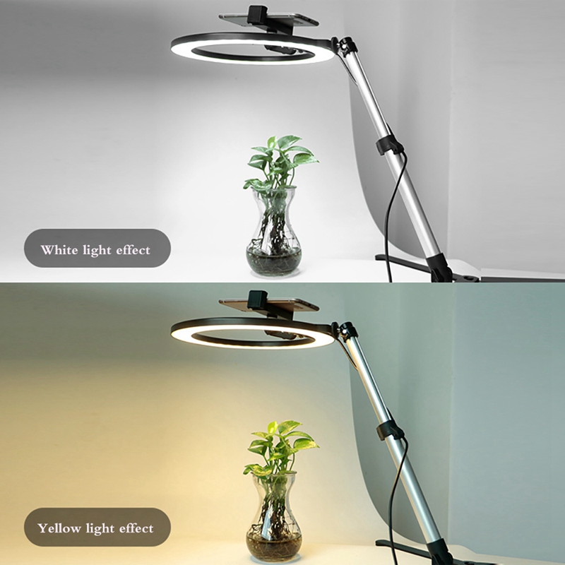 Dimmable LED Ring Light Mobile Phone Bracket Desktop Cantilever Tilt Photo Multi-Angle Adjustment Bracket Tripod Lamp