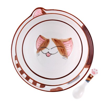 Cute Cat Ceramic Dinner Plate Dish Bowl Spoon Set Cartoon Porcelain Food Container Kids breakfast Dinnerware Set: 4 Piece Brown set