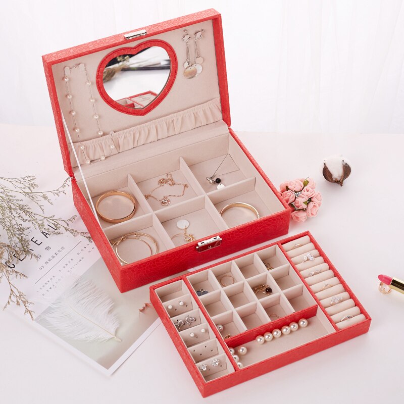 Dobbeltlags store kapacitet til opbevaring af smykker, smykkeskrin, øreringe, øreringe, ring, halskæde, smykkeskrin: 7