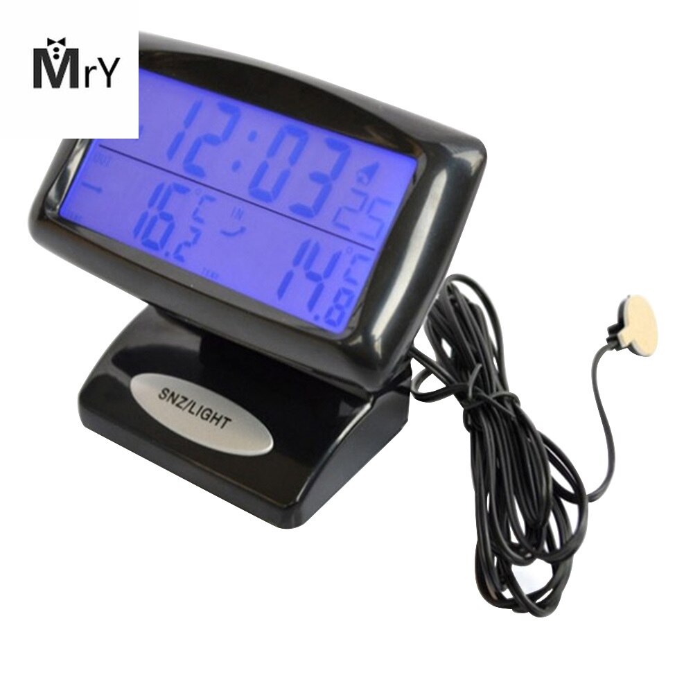 Reloj electrónico para coche, medidor de temperatura, termómetro automático para interior y exterior, sensores duales, LCD, retroiluminación azul