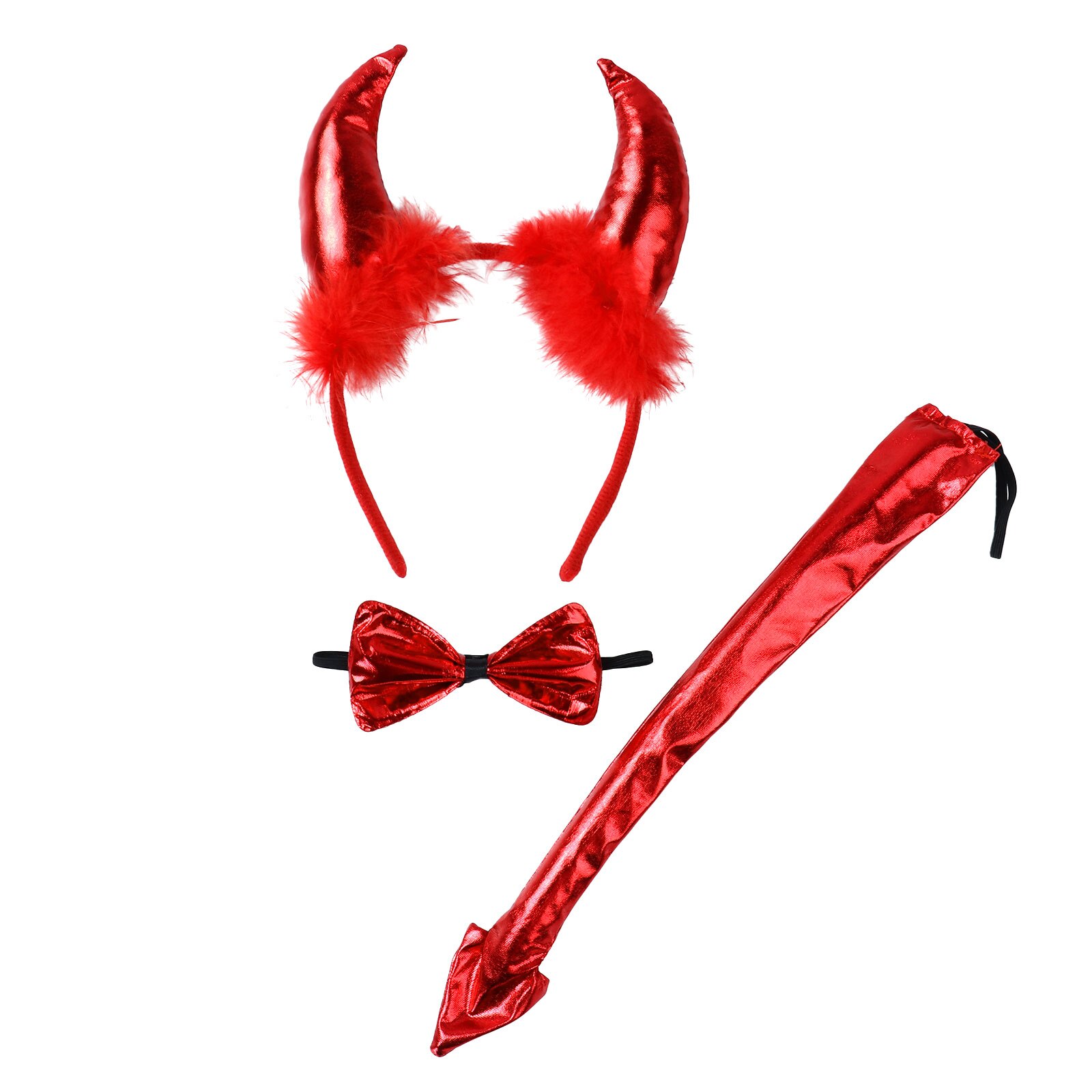 Kids Adult Halloween Devil Costumes Fancy Cosplay Set Fluffy Ears Headband with Bowtie Bendable Tail Party Role Play Accessories: Red Fur