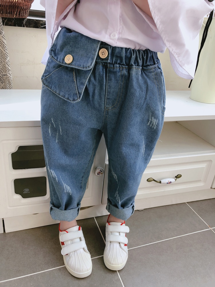 Forår item pige afslappet lomme jeans buks cool denim bukser