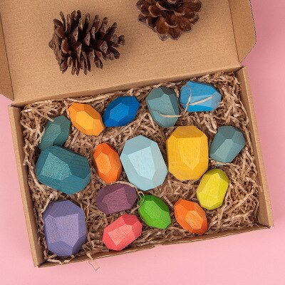 Children Colored Stone Jenga Stacking Blocks Educational Toy Nordic Style Rainbow Stone Wood Blocks Baby Wooden Toys: 16 pcs