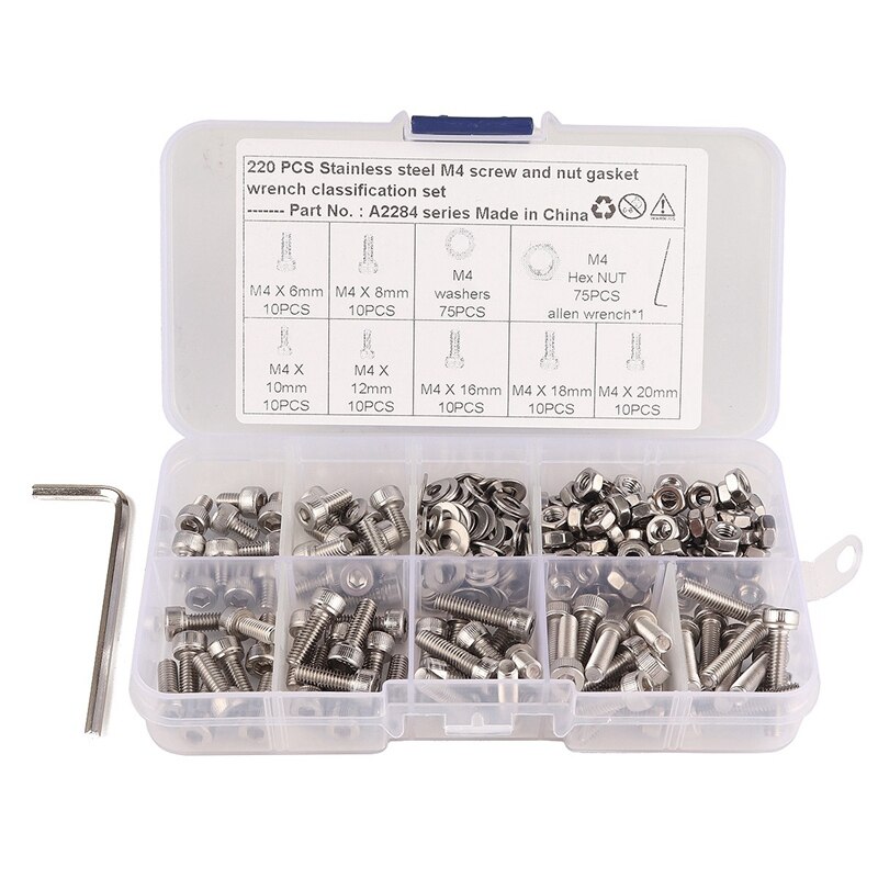 220 PCS Boxed 304 Stainless Steel Screw Kit M4 Hexagon Socket Head Screw Wrench Combination