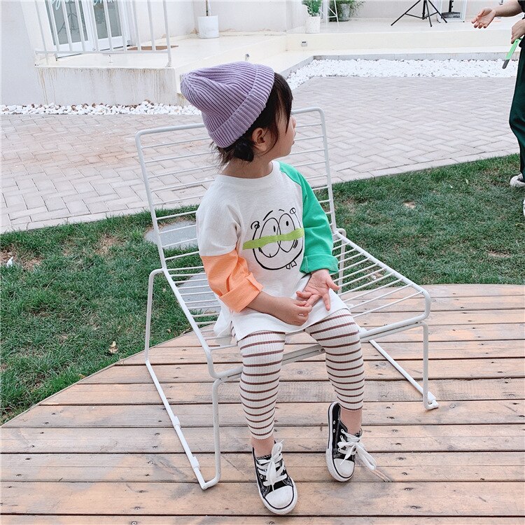 Koreansk stil söta tjejer ren bomull 8 färger randiga leggings barn matchande leopard smala byxor
