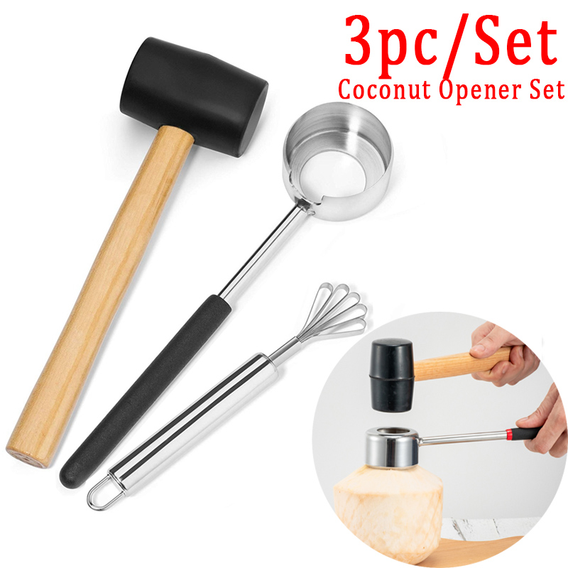 3 stks/set Langdurige Food Grade Praktische Lichtgewicht Kokosnoot Opener Tool Set Rvs Opener met Houten Hamer