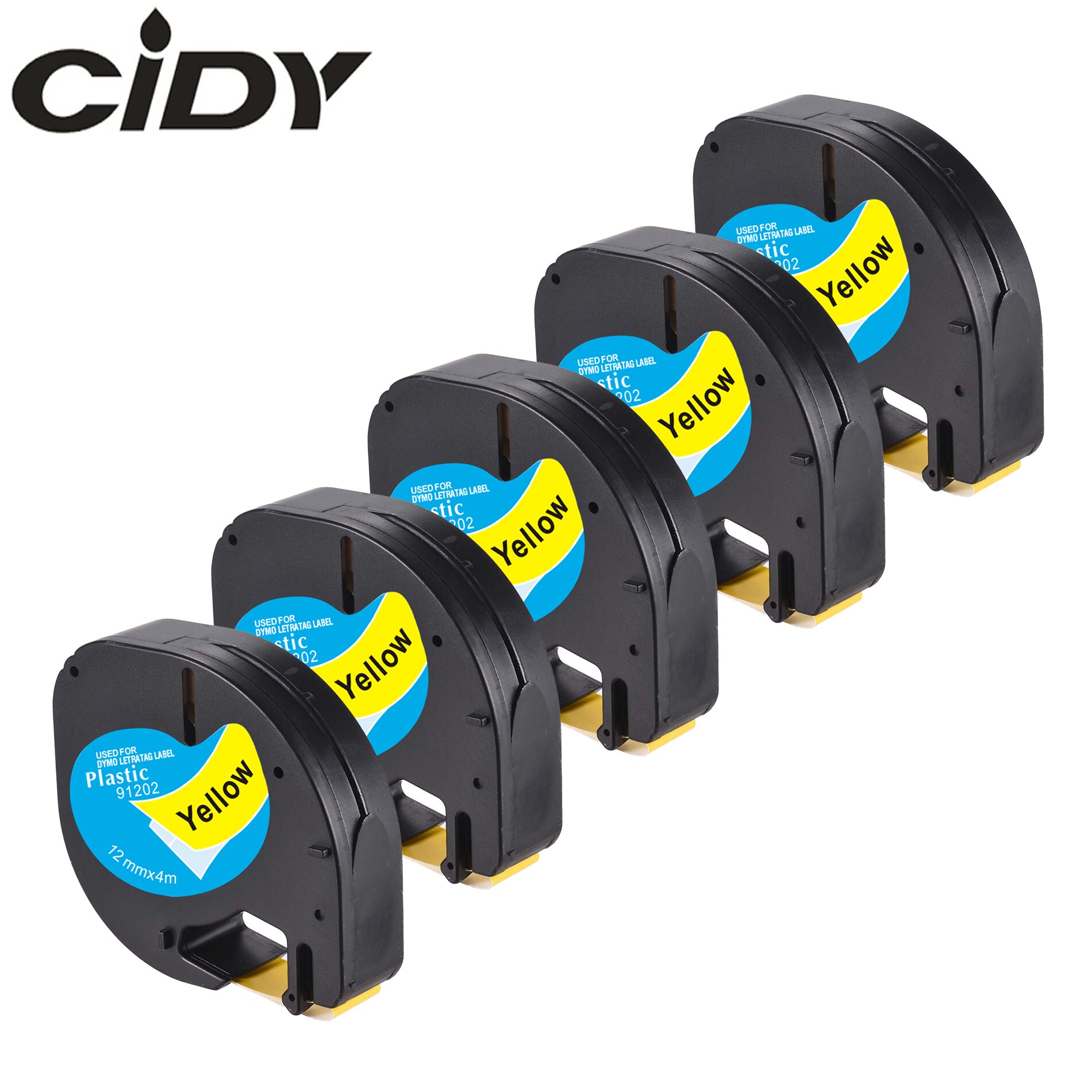 5pcs mixed color of 91201 91202 91203 91204 91205 labels 12mm dymo letratag 91201 91331 tape for LT-100H label maker: black on yellow