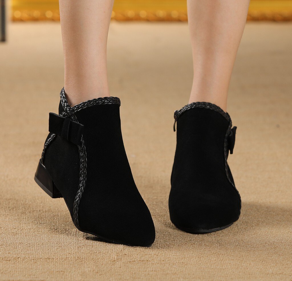 Women's Winter Suede Short Boots Classic Business Pointed Ankle Boot Office Lady Low Heel Formal Dress Shoes Side Zip