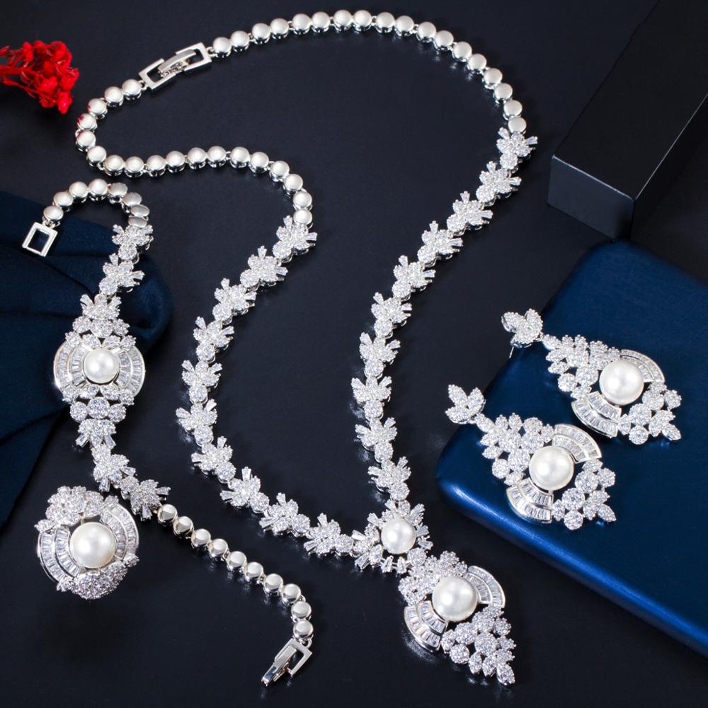 ThreeGraces Top Cubic Zirconia White Gold Color 4Pcs European Big Pearl Wedding Jewelry Set for Women Banquet Prom TZ567