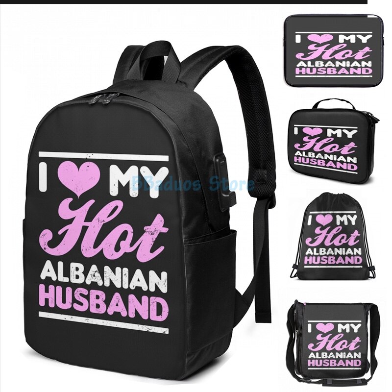 Funny Graphic print Albania Shirt Love My Husband USB Charge Backpack men School bags Women bag Travel laptop bag