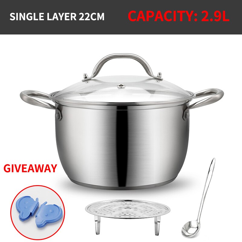 Kitchen Stainless Steel Thick Steamer pot Soup Universal Cooking Pots for Induction Cooker Gas Stove steam pot: 22cm-single layer