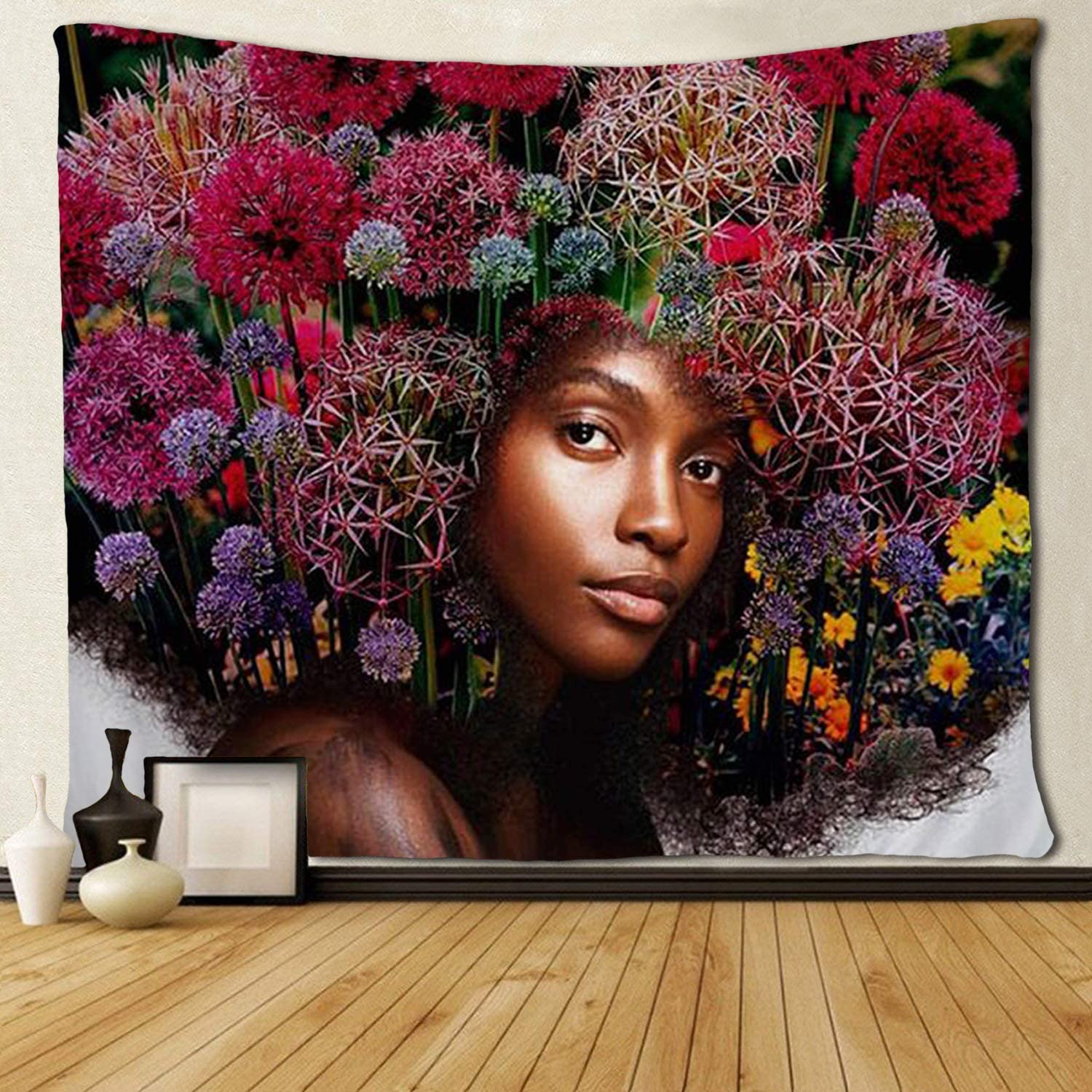 Black Art Wall Tapestry Hippie Art African American Women Flower Hair Art Tapestries Wall Hanging