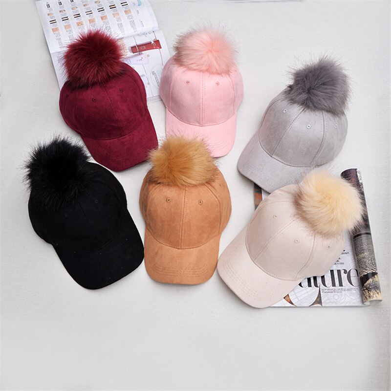 Inverno Pompon Rosa In Pelle Scamosciata Donne del Berretto Da Baseball Autunno Casual Streetwear Nero Elegante Cappello Della Protezione Del Cappello di Moda Femminile Regolabile