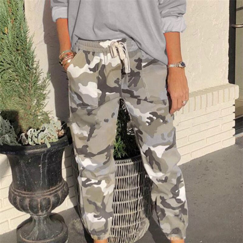 Grijs Camouflage Print Hoge Elastische Taille Volledige Lengte Camo Cargo Broek Vrouwen Kleding Joggingbroek Casual Losse Broek: Gray Green / S