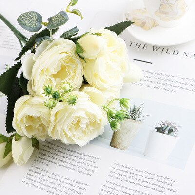 30cm pioner kunstig rose blomster bukett silke pion brud som holder blomster bryllup hjemmedekorasjon fest diy faux vår: Hvit