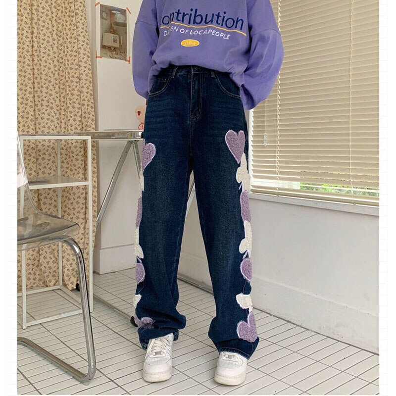 Jean patchwork brodé pour femmes, pantalon en Denim, taille haute, jambes larges, Chic, décontracté, Streetwear, nouvelle printemps: 1 / XXL