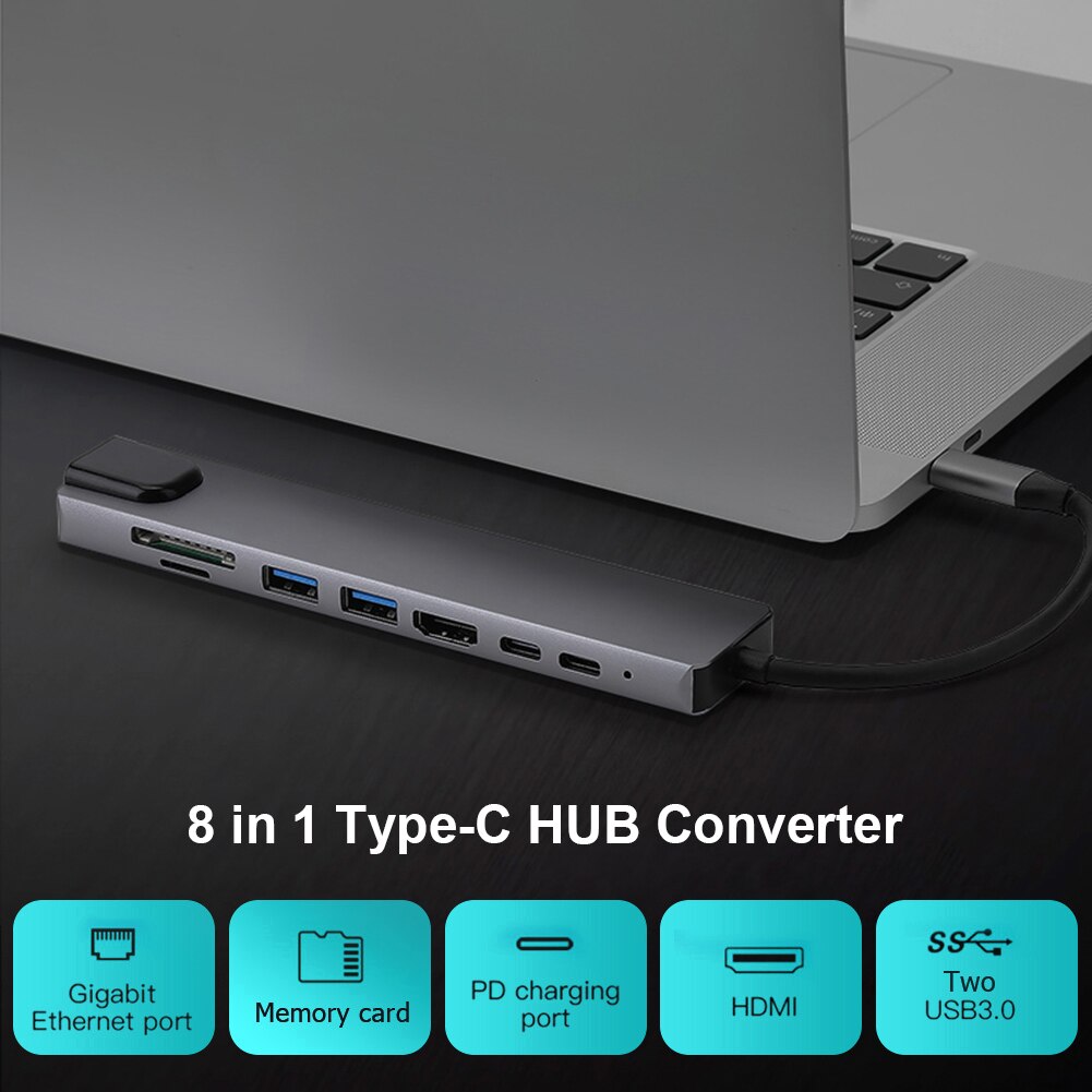 8 in 1 Type-C HUB Converter 4K HDMI 2 USB3.0 USB C PD SD/TF RJ45 Adapter