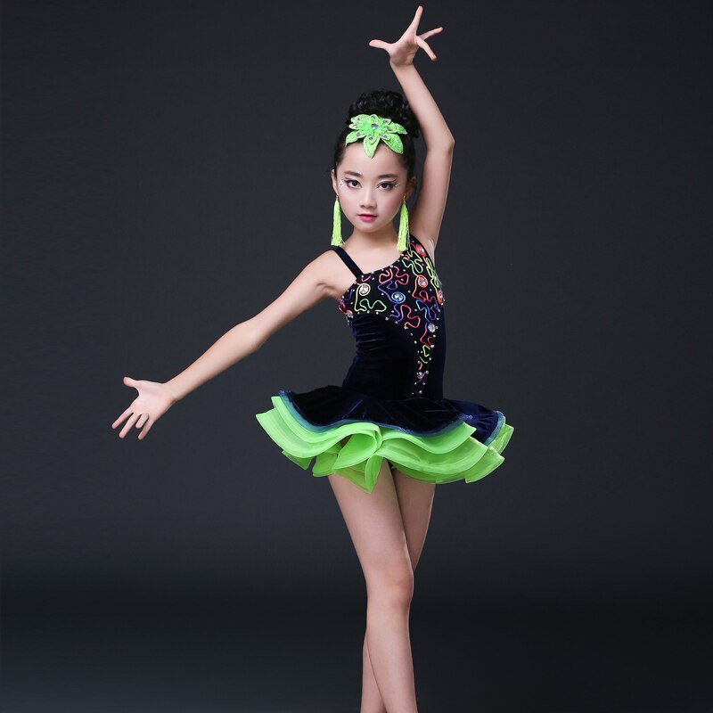 Gonne per i bambini ballano standart sala da ballo abiti da ballo latino delle ragazze concorrenza bambina bambini abito di velluto salsa cha cha tango