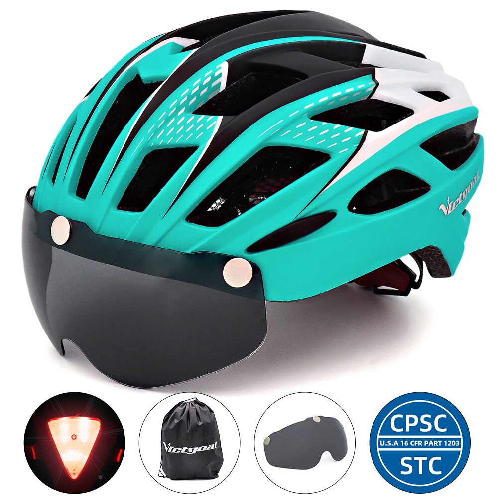 VICTGOAL Cycling Helmet with Goggles LED Rear Light Men Women Adult Bicycle Helmet Face Shield MTB Road Bike Electric Scooter: Cyan