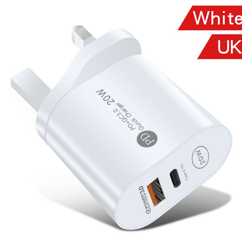 USLION – chargeur USB PD 20W QC3.0, Support USB type-c, charge rapide, pour téléphone iPhone 12 Pro Max 11 AirPods iPad Huawei: UK White