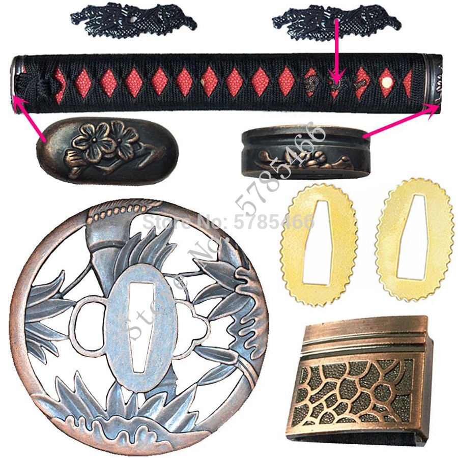 Good Kirsite Sword Hand Guard for Katana/Wakizashi Metal Fittings Set Tsuba+Menuki+Fuchi+Kashira+Handle+Habaki+Seppa