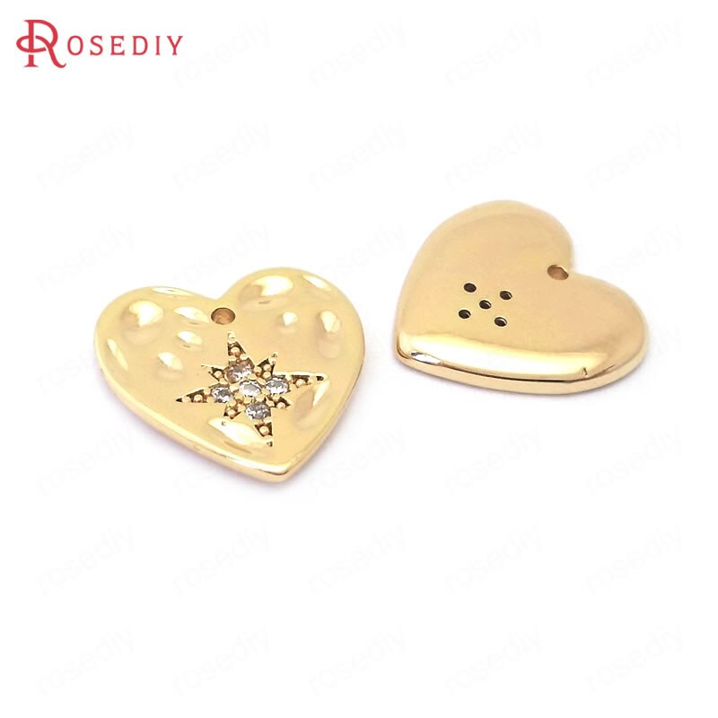 (38817)4 pçs 12x12mm 24 k ouro cor bronze e zircão com estrela coração encantos pingentes jóias que fazem suprimentos diy acessórios
