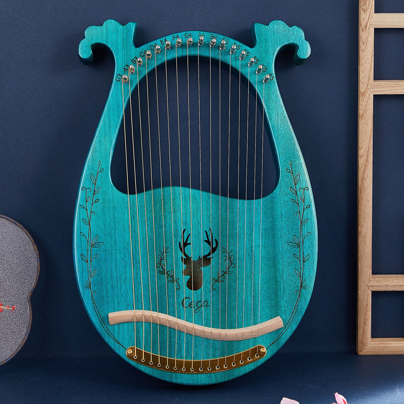 16-- snarige houten lier, harp, klankkast, snaarinstrument met stemsleutel, 3 stuks plectrums, snaarinstrumenten