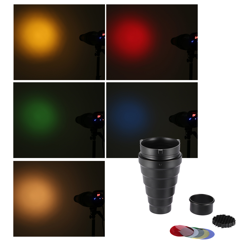 Metalen Conische Snoot Met Honingraat 5Pcs Color Filter Kit Voor Bowens Mount Studio Strobe Monolight Fotografie Flash