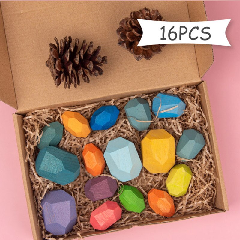 Di Legno colorato Pietre Giocattoli di Legno Blocchi di Costruzione Blocchi di Bilanciamento Impilabile Gioco Arcobaleno di Pietra Colorata Educativi Giocattoli Di Puzzle: 16pcs B set box