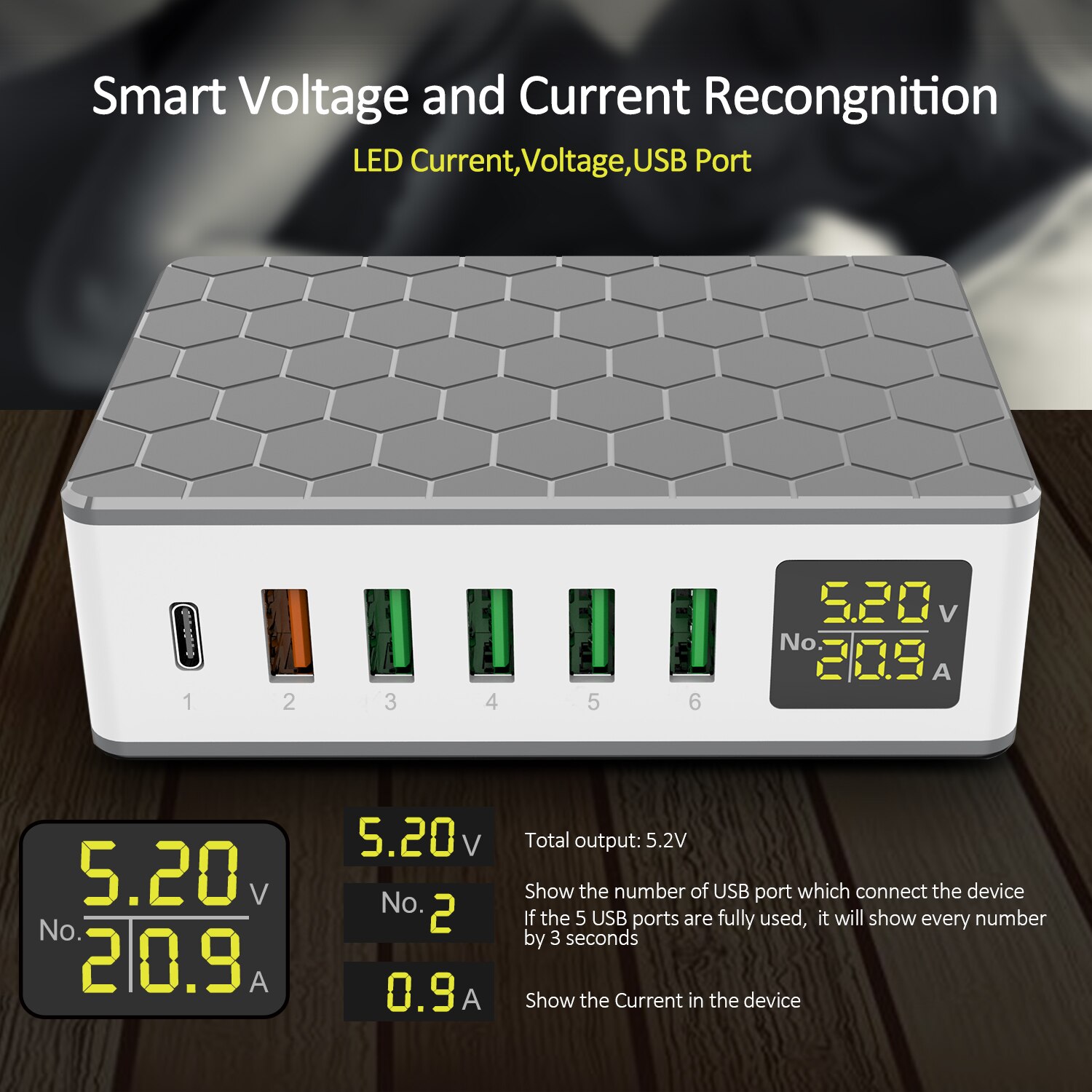 Ilepo 65w pd schnellladegerät für iphone 12, 11 pro, handys und tablets , 6 usb-anschlüsse für samsung, sony und huawei, digitale intelligente ladestation