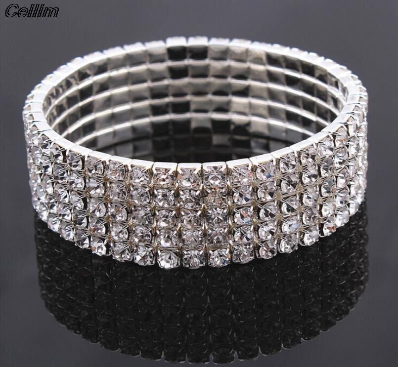1 To 8 Rows Full Crystal Rhinestone Elastic Bracelet Silver Color Bangle Bling Wristband Women Wedding Bridal Jewelry: 5rows