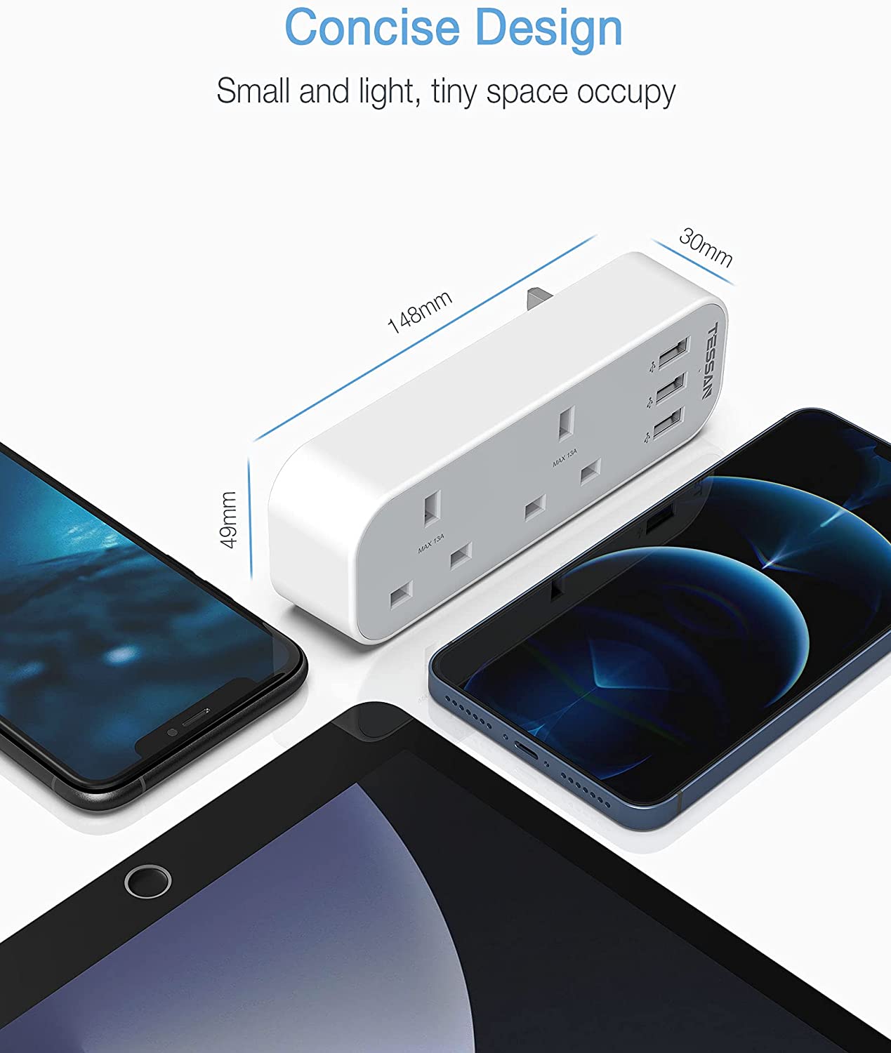 6 Ways UK Multi Plug Power Strip with 3 USB Charging Ports and 3 UK Outlets Wall Socket 100-250V Electrical Charger for Phones