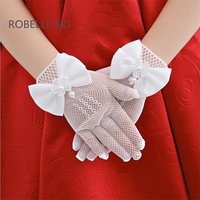 Flower Girl Gloves 1 Pair Ivory Lace Pearls Child Gloves First Communion Accessories for Little Girls Gloves with Bow