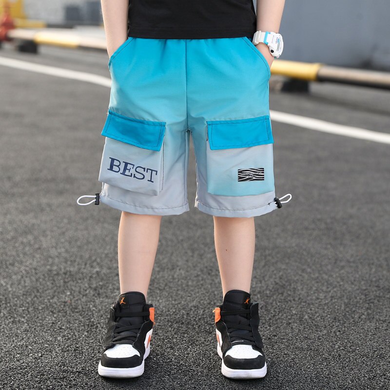 Pantalones cortos de verano para niños, ropa para adolescentes con degradado de , informal, Cargo, cintura elástica,: Azul / 9