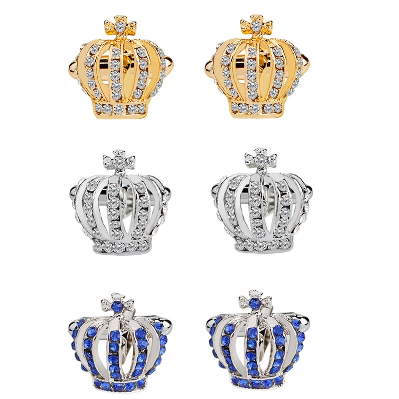 Strass Krone Manschettenknöpfe für Männer Französisch Gold/Silber Farbe/Blau Hemd Manschettenknöpfe Zubehör Männer Schmuck