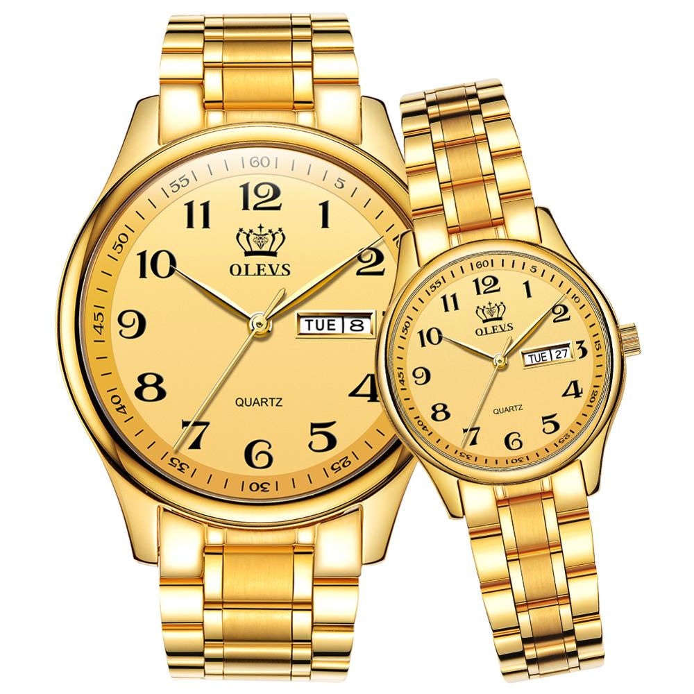 Olevs Koppels Horloges Waterdicht Roestvrij Stalen Band Zijn En Haar Reader Quartz Horloge Set Voor Liefhebbers Een Paar: Gold Band