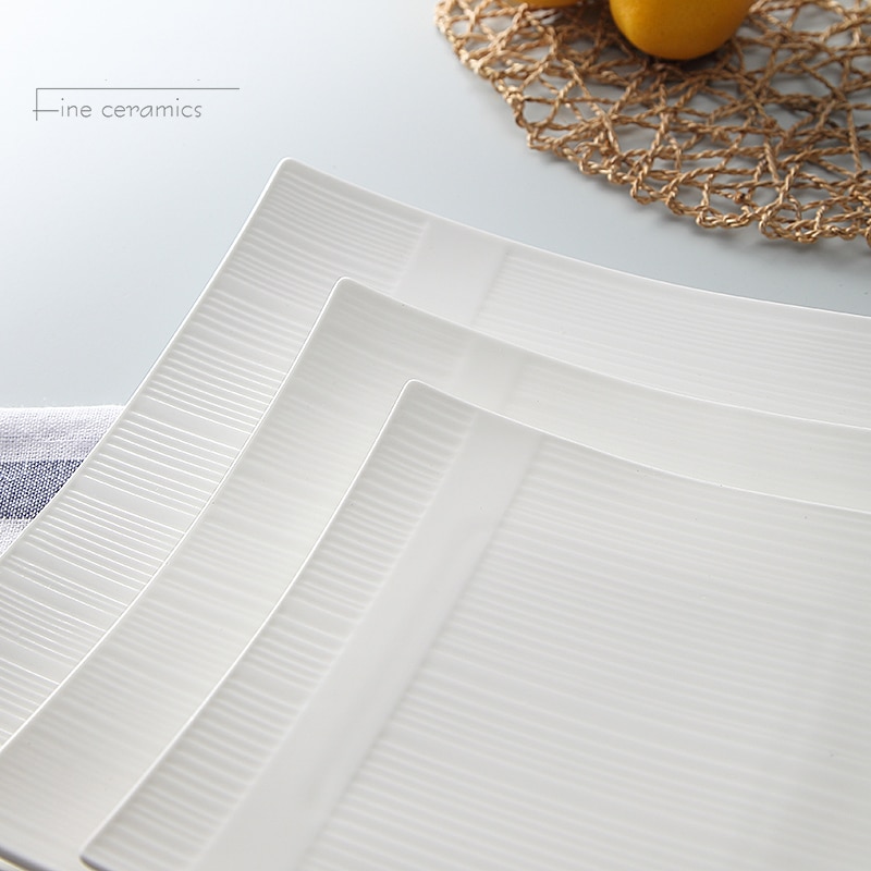 3pcs set, 6+8+10inch, plain white embossed porcelain charger plates for dinner, ceramic platter, square serving plate, salad