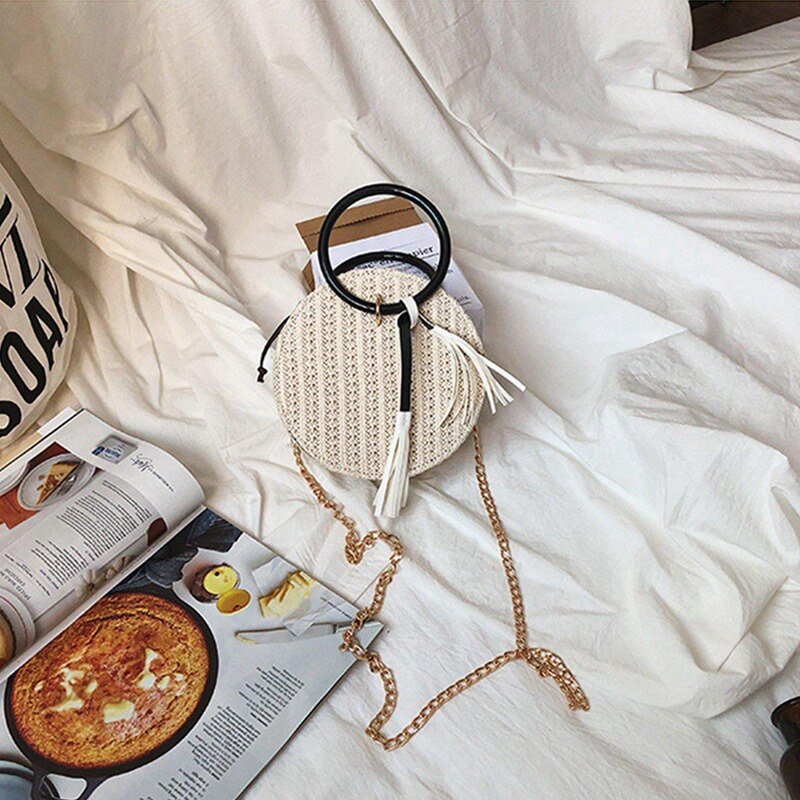 Sommer Handtasche Hand-woven Stroh Weibliche Runde Telefon tasche Tragbare Strand tasche Kette Schulter tasche