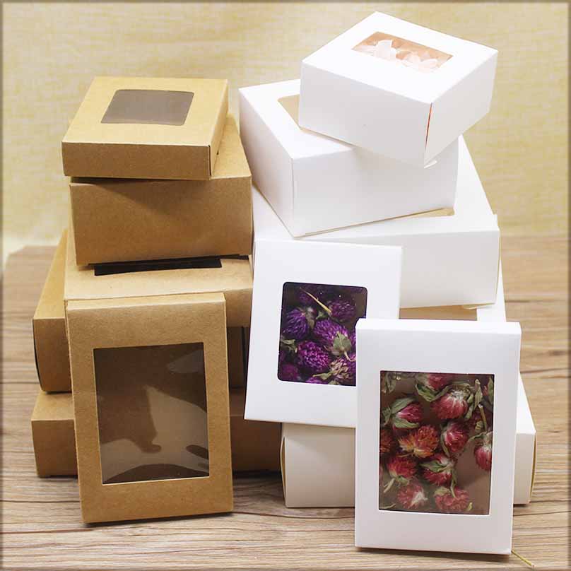 10 Stück DIY Jahrgang Kraftpapierbox mit Fensterpapier-Geschenkbox, Kuchenverpackung, Hochzeitsfamilienversammlung, Muffinverpackung,