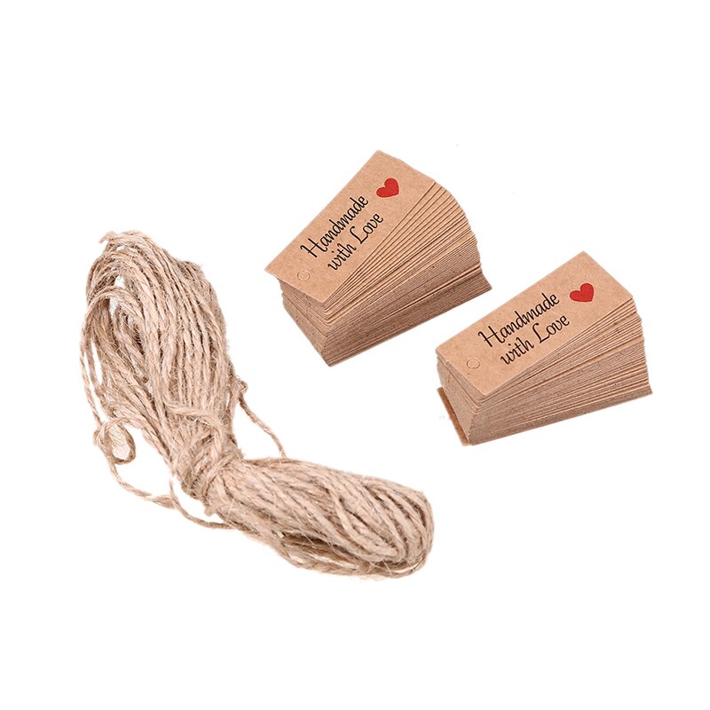 Étiquettes avec ficelle, montre, affichage de prix, cartes en papier Kraft, faites à la main avec amour, étiquette vierge pour vêtements, 100 pièces