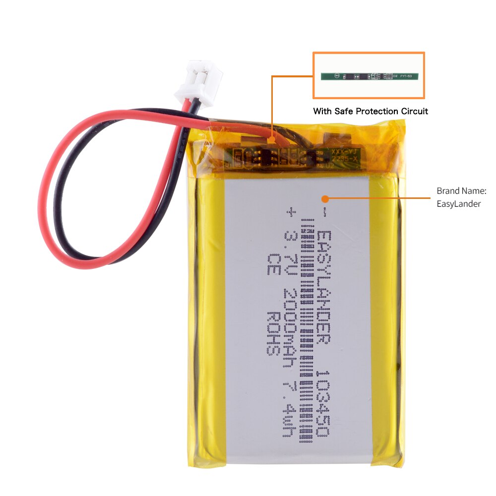 3,7 V 2000mAh 103450 Lipo Polymer Lithium Batterie Navigator DVR GPS Kamera JST PH 2,0mm 2pin PS4 LIP1522