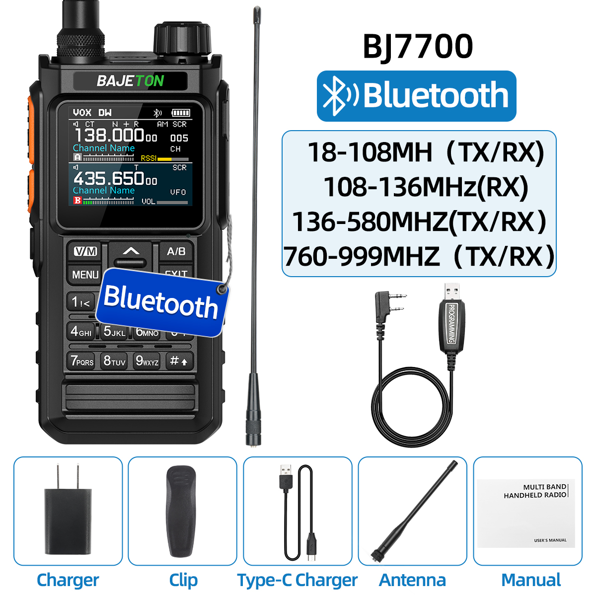 BAJETON BJ7700 Walkie Talkie Multi Banda Sem Fio Bluetooth Programação de Telefone Redução de Ruído AM FM Ham Rádio Para Acampamento BJ8200: green / American