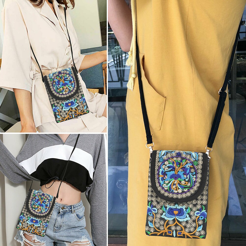 Vrouwen Schoudertas Flip Etnische Stijl Bloemen Geborduurde Canvas Tas Retro Handtas Messenger Bag Kleine Telefoon Purse Travel Pouch