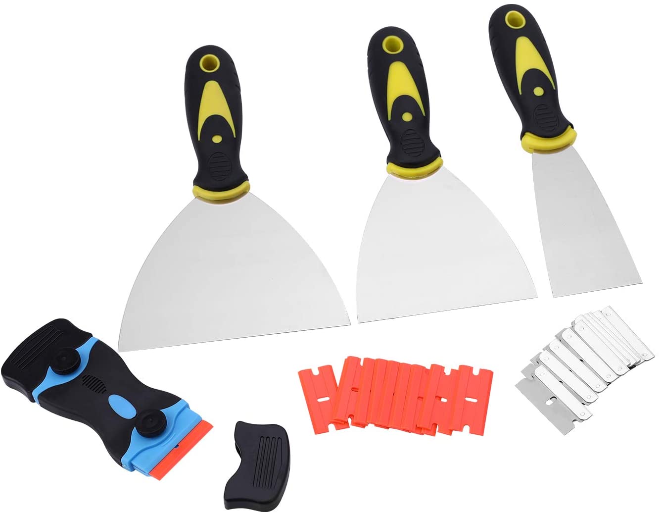 Scraper and putty knife set, 2 in 1 scraper tool with 10 plastic blades and 10 metal blades and 3 scrapers for wallpaper