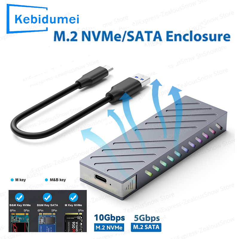 M.2 SSD Case 10Gbps M.2 SATA/NVMe Dual Protocol SSD Adapter SSD To USB 3.1 External Enclosure for NVME PCIE NGFF SATA RGB Box